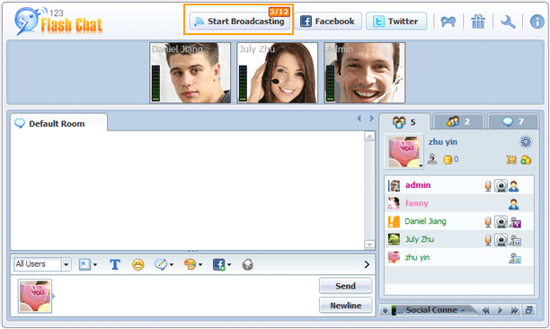 Start Broadcasting of 123 Flash Chat, Chat Software