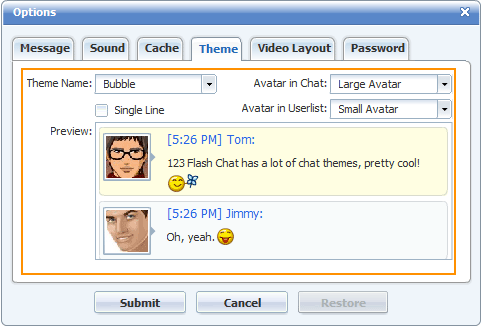 Theme Options of 123FlashChat, Flash Software, PHP Chat, HTML Chat