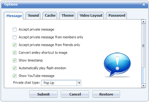Message Options of 123FlashChat, Flash Software, PHP Chat, HTML Chat