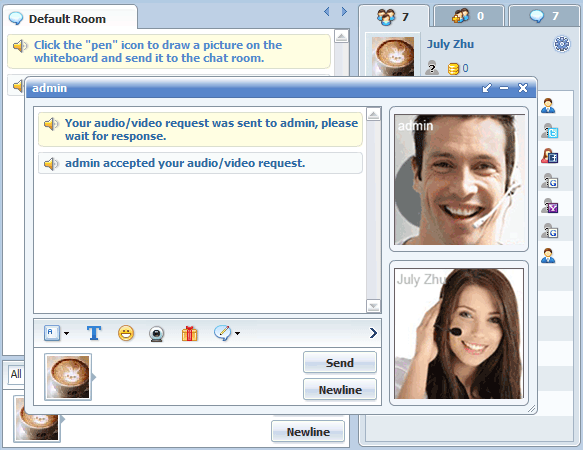 Popin Video Windows in Private Message Popup Mode of 123 Flash Chat, Chat Software