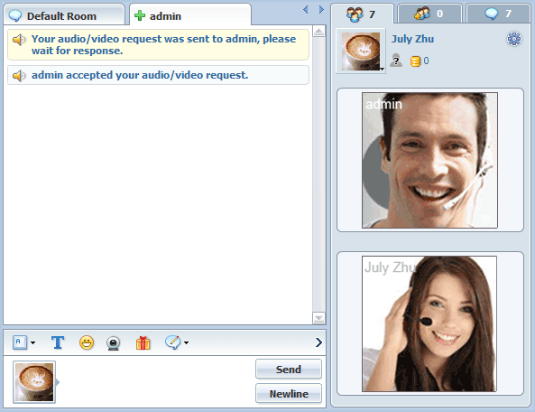 Ventanas de video de Popin en el modo de pestaña de mensajes privados de 123 Flash Chat, Software de chat