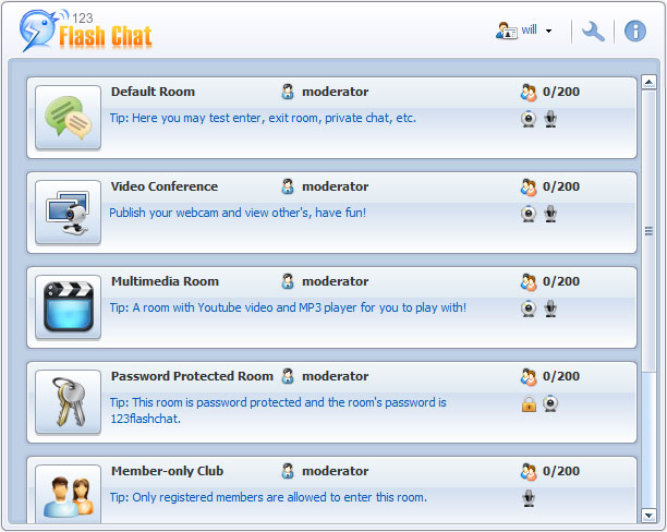 Room List, 123 Flash Chat Software