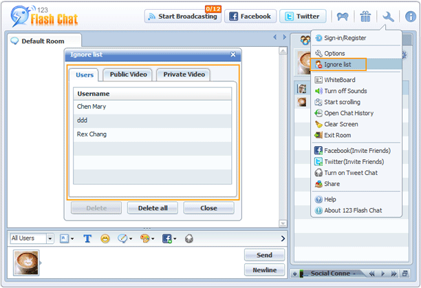  Ignore Panel of 123 Flash Chat, Chat Software
