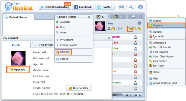 Upgrade Membership Buttons of 123 Flash Chat, Chat Software