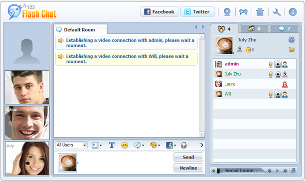Ventana de video izquierda de 123FlashChat, software Flash, chat PHP, Chat HTML 
