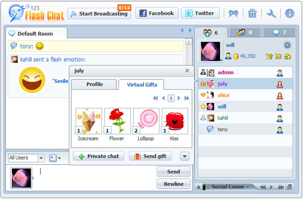 Registro de regalos virtuales en el panel de perfil, 123 Flash Chat Software